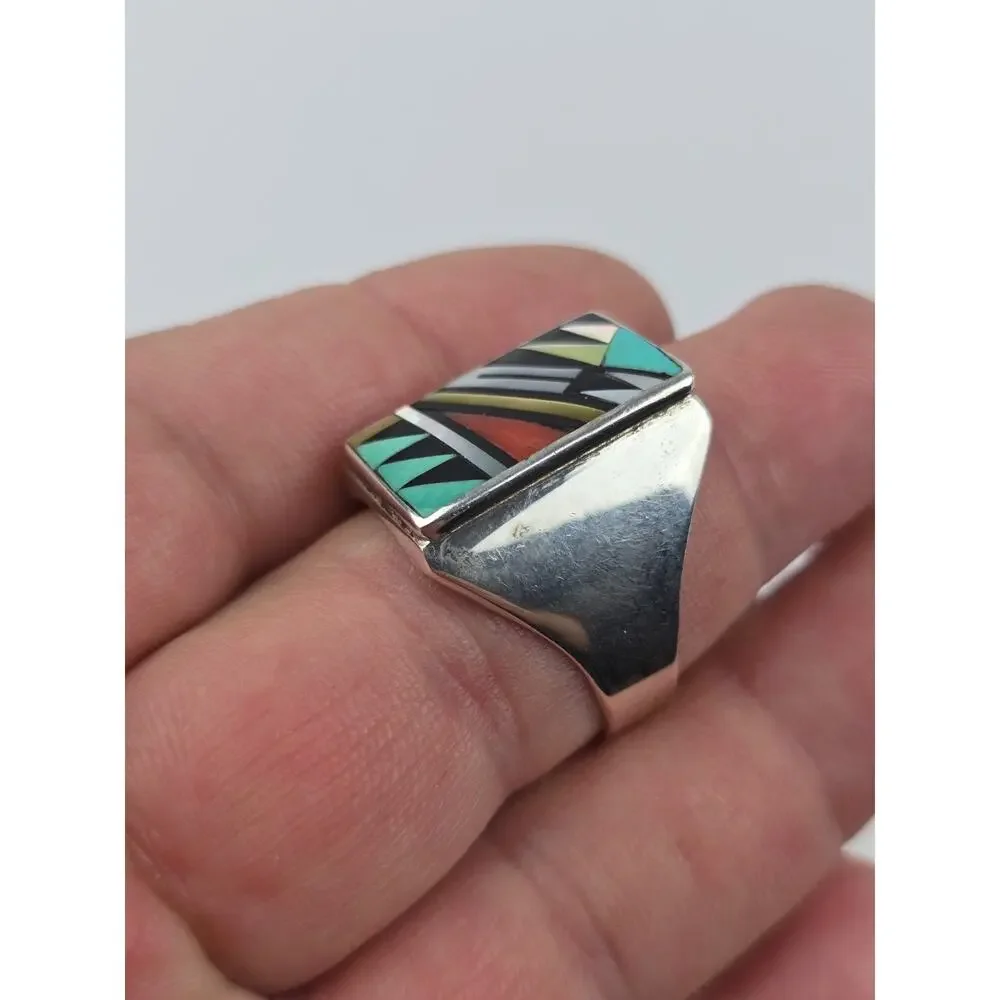 Zuni Bowannie Men's Sterling Inlay Signet Ring size 11 Turquoise Coral Shell